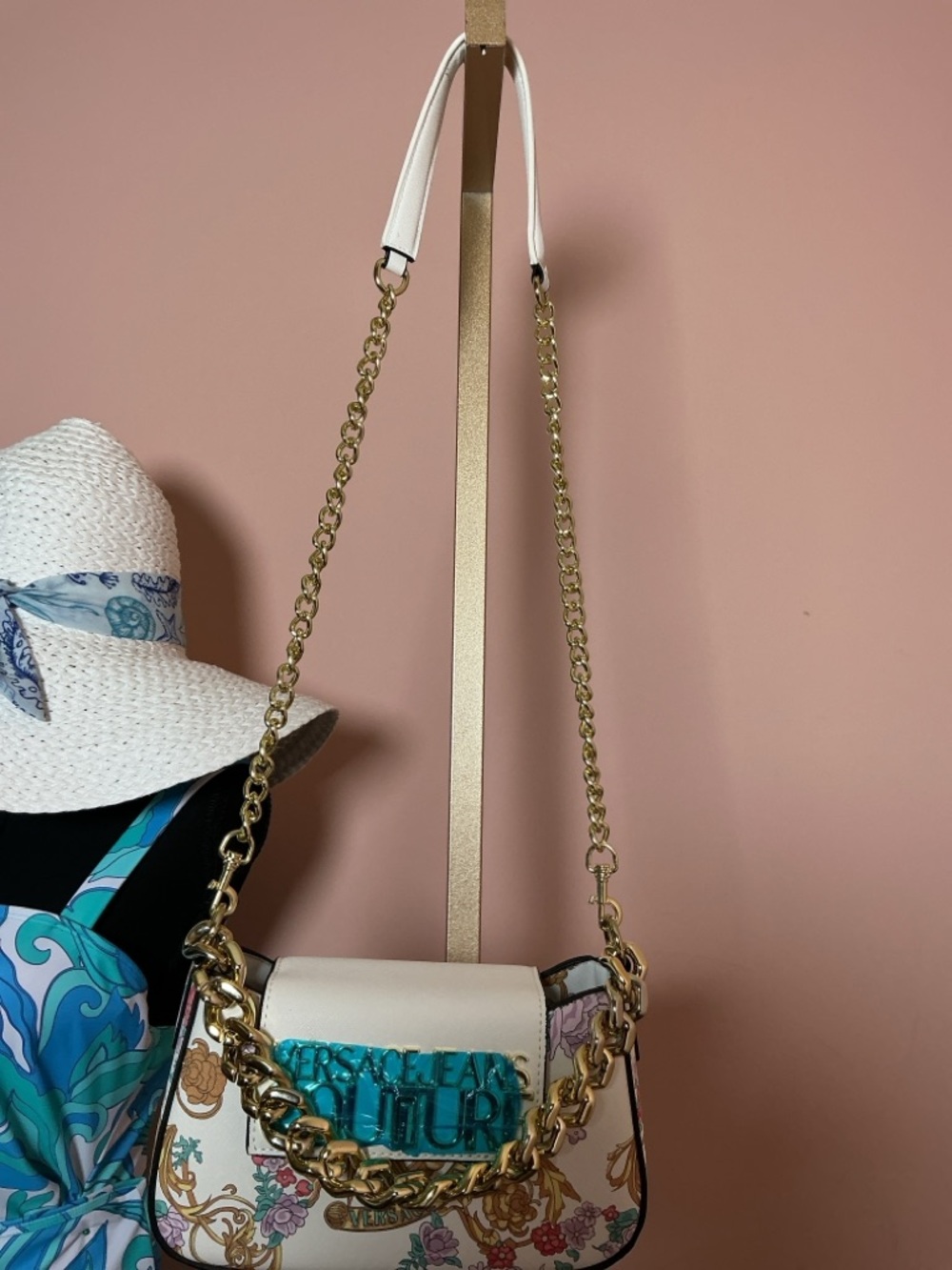 Versace Jeans Collection White Floral Logo Chain Shoulder Bag - Picture 5 of 5